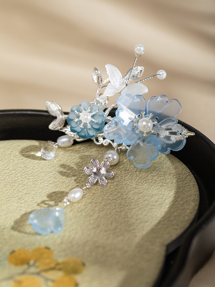 Blue Peony Woman Butterfly Tassel Vintage Hanfu Hair Clips 