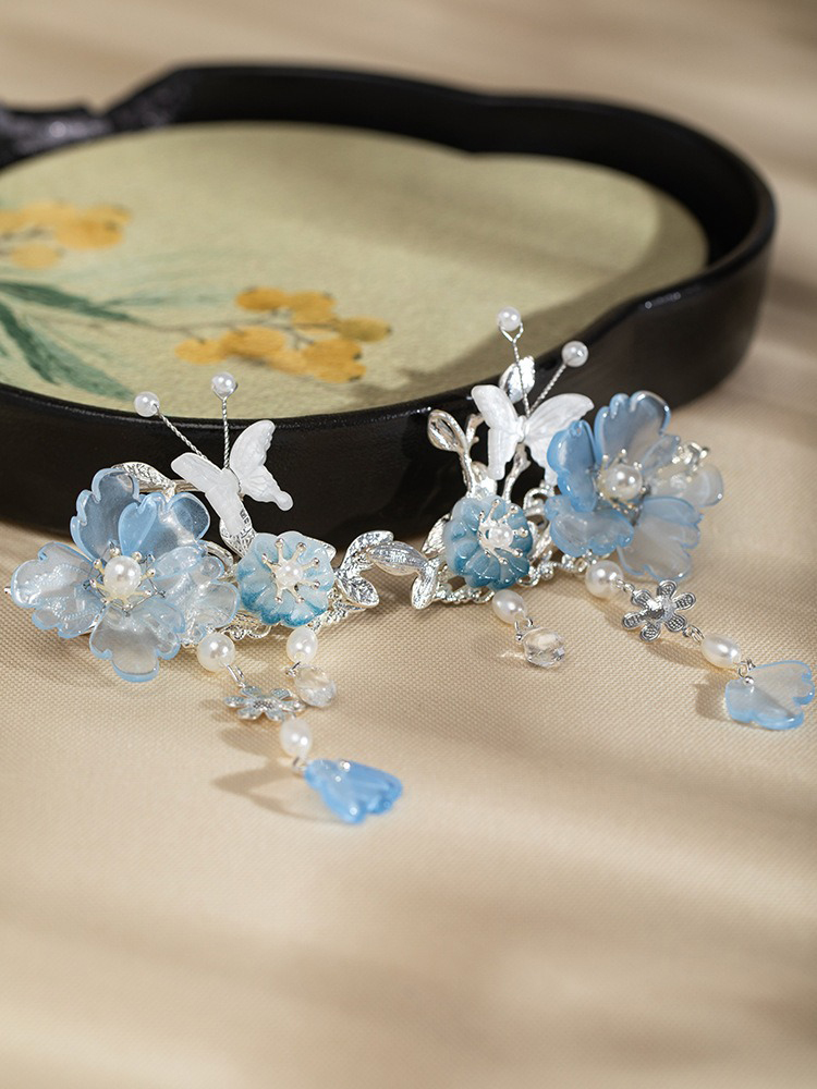 Blue Peony Woman Butterfly Tassel Vintage Hanfu Hair Clips
