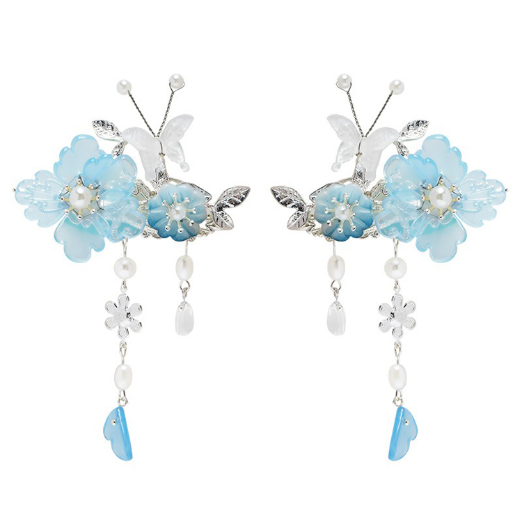Blue Peony Woman Butterfly Tassel Vintage Hanfu Hair Clips