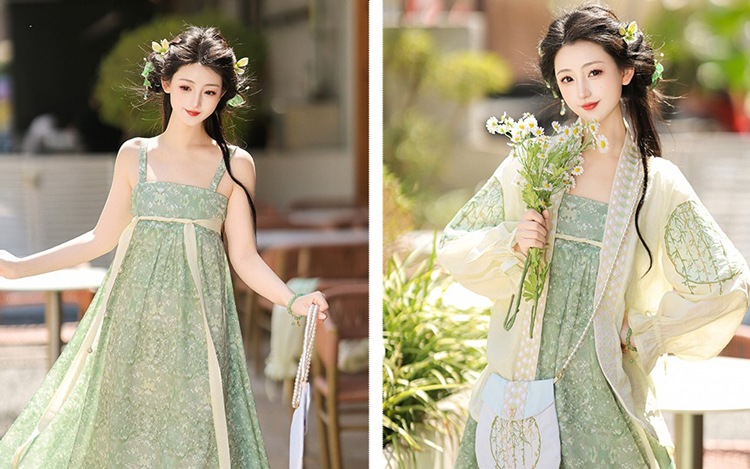 Fashion Ladies Hanfu Summer Green Dress with Bubble Sleeve