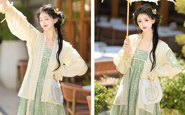 Fashion Ladies Hanfu Summer Green Dress with Bubble Sleeve