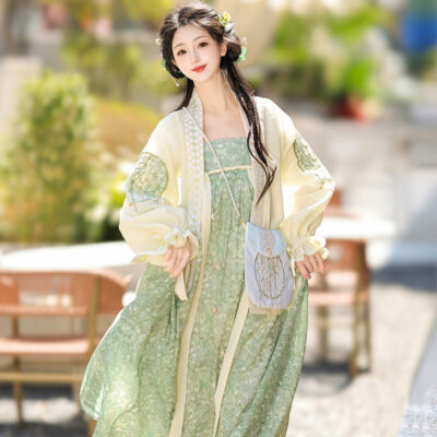 Fashion Ladies Hanfu Summer Green Dress with Bubble Sleeve