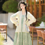 Fashion Ladies Hanfu Summer Green Dress with Bubble Sleeve
