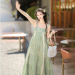 Fashion Ladies Hanfu Summer Green Dress with Bubble Sleeve
