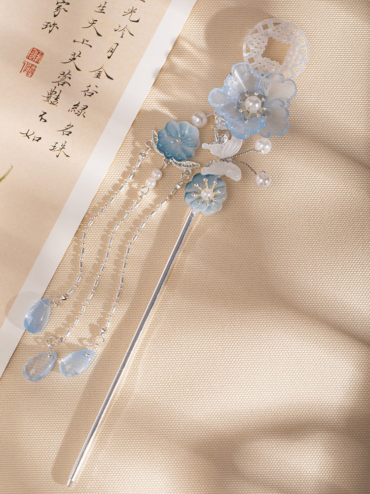 Hanfu Headdress Ancient Style Hairpin Blue Tassel Ming Dynasty