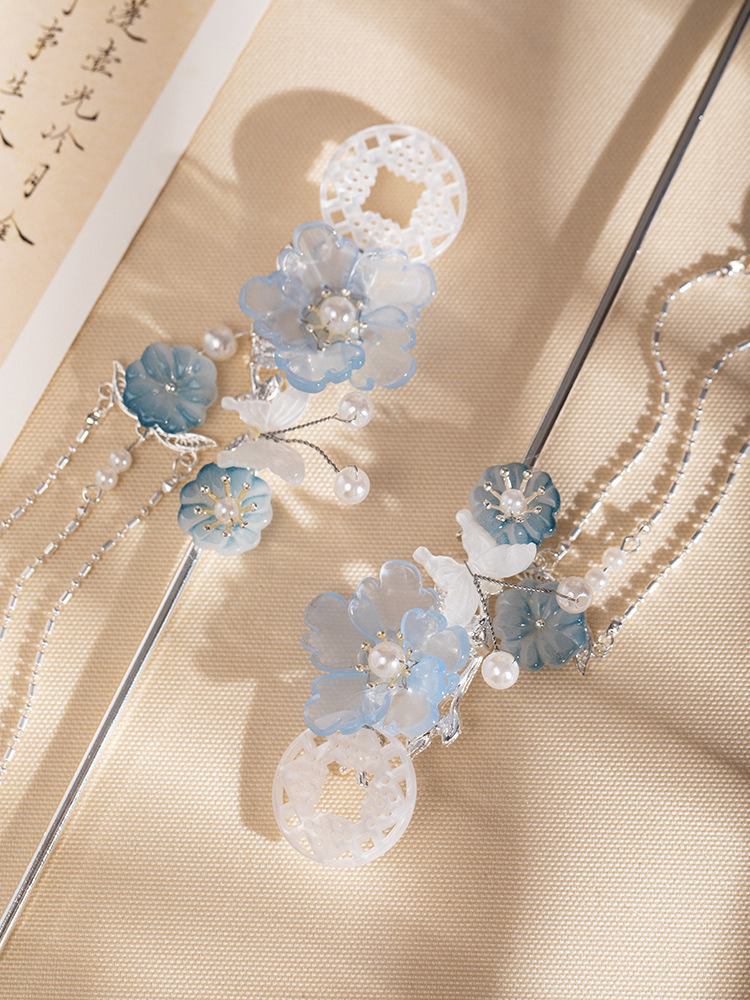 Hanfu Headdress Ancient Style Hairpin Blue Tassel Ming Dynasty