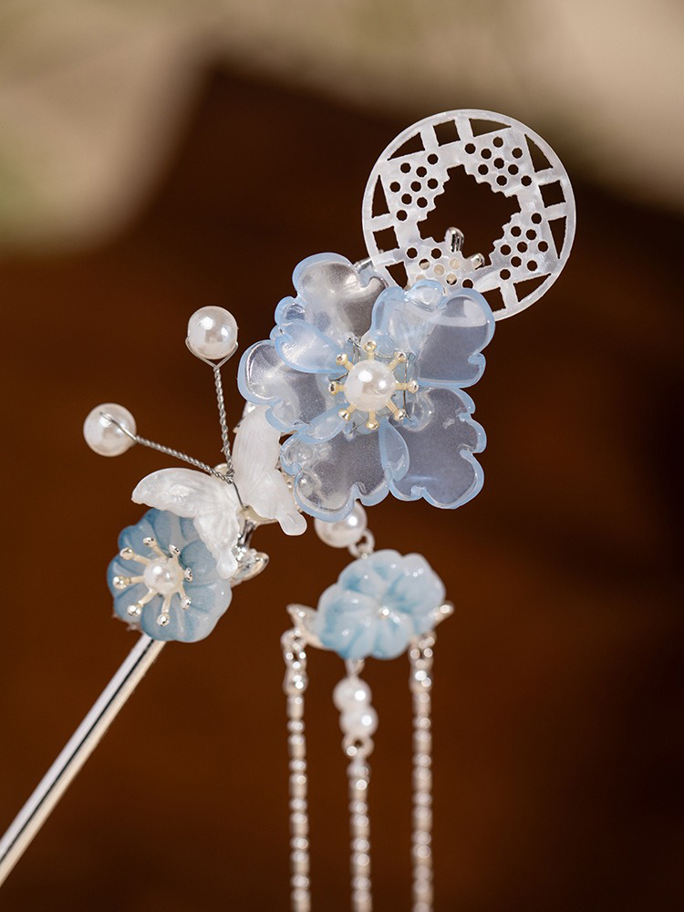 Hanfu Headdress Ancient Style Hairpin Blue Tassel Ming Dynasty