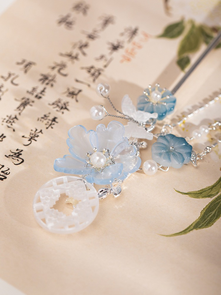 Hanfu Headdress Ancient Style Hairpin Blue Tassel Ming Dynasty