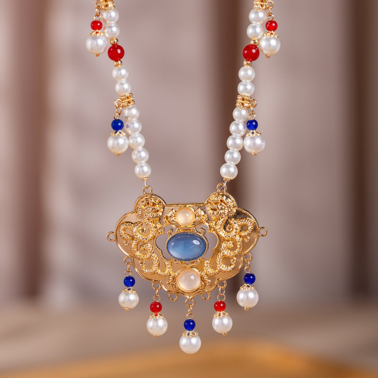 Hanfu Necklace Blue Vintage Yingluo Pearl Accessories