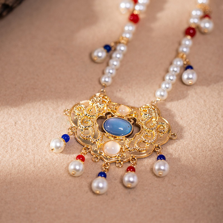 Hanfu Necklace Blue Vintage Yingluo Pearl Accessories