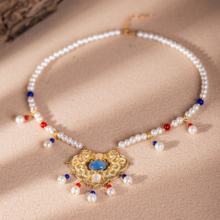 Hanfu Necklace Blue Vintage Yingluo Pearl Accessories