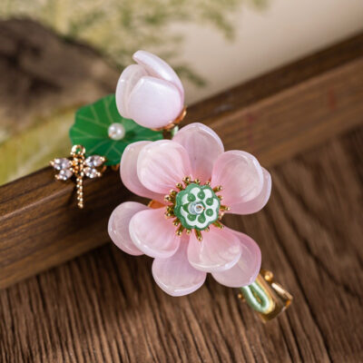Hanfu Women Lotus Flower Hair Clip Pink Vintage Headwear