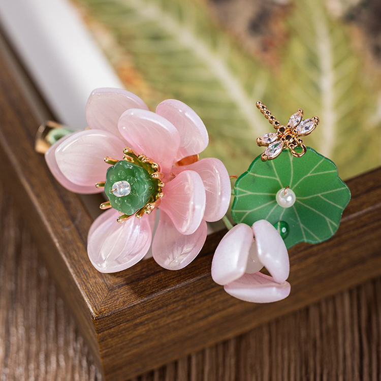 Hanfu Women Lotus Flower Hair Clip Pink Vintage Headwear