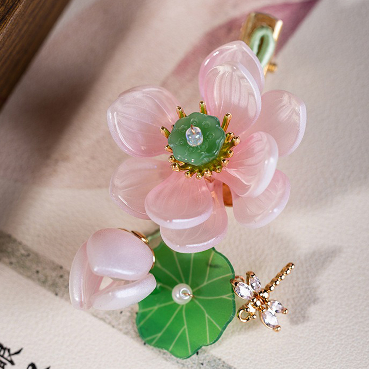 Hanfu Women Lotus Flower Hair Clip Pink Vintage Headwear