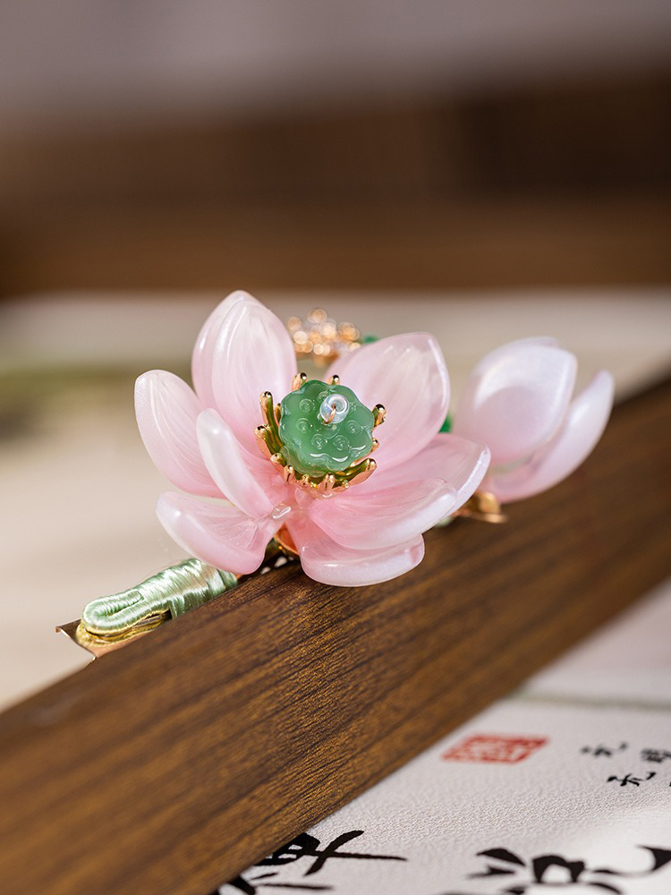 Hanfu Women Lotus Flower Hair Clip Pink Vintage Headwear