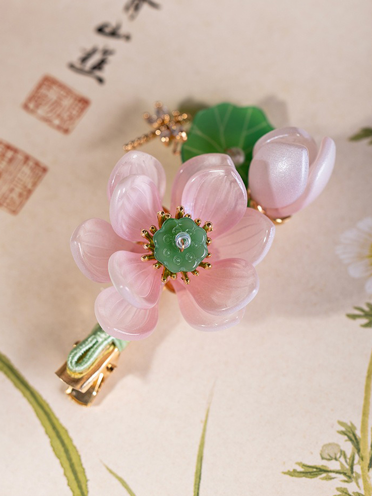 Hanfu Women Lotus Flower Hair Clip Pink Vintage Headwear