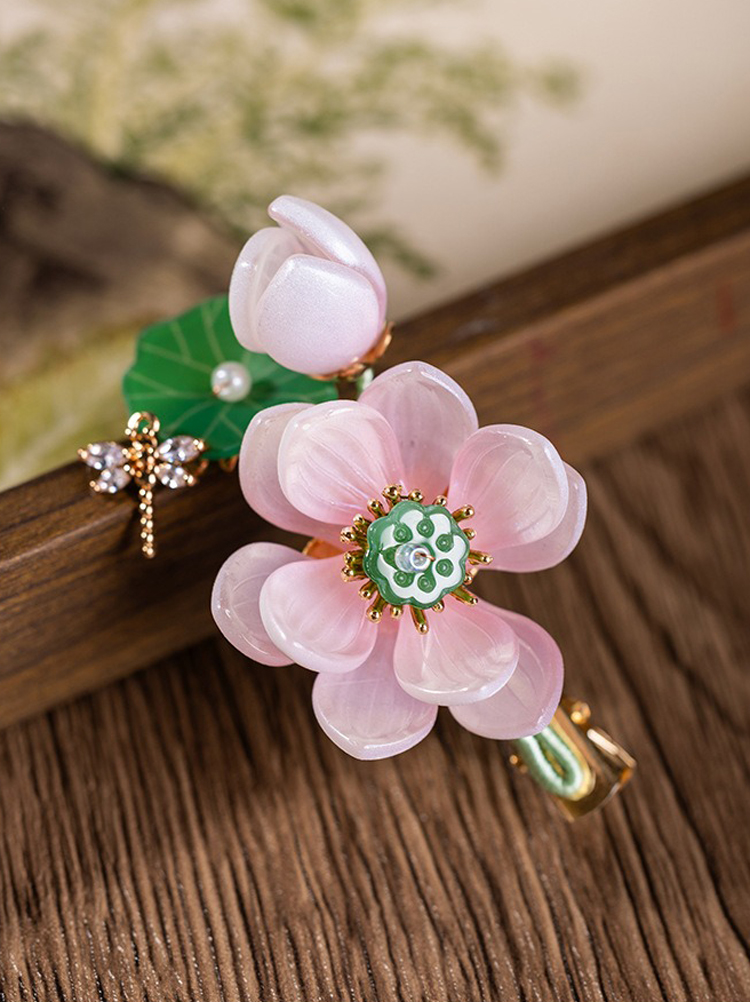 Hanfu Women Lotus Flower Hair Clip Pink Vintage Headwear