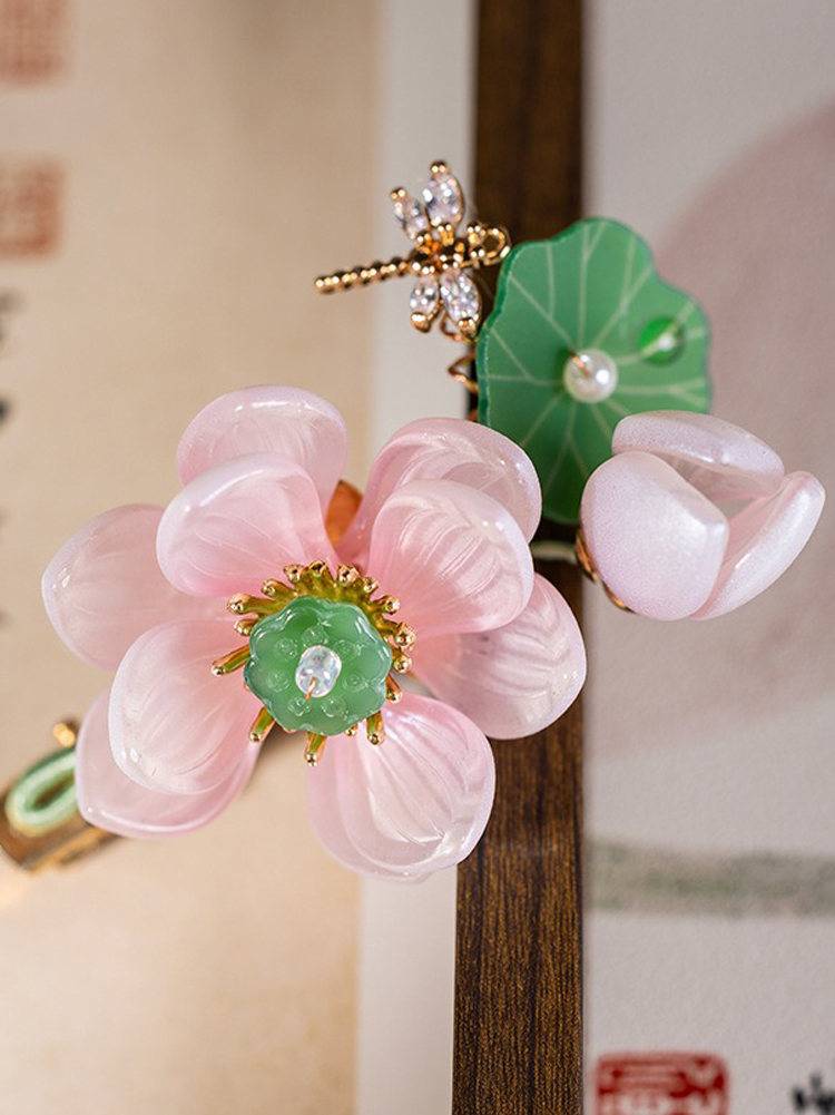 Hanfu Women Lotus Flower Hair Clip Pink Vintage Headwear