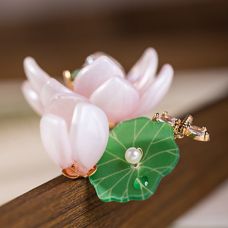 Hanfu Women Lotus Flower Hair Clip Pink Vintage Headwear