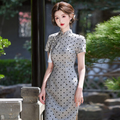 Ladies Fashion Cheongsam Summer Polka Dot Dress Long Qipao