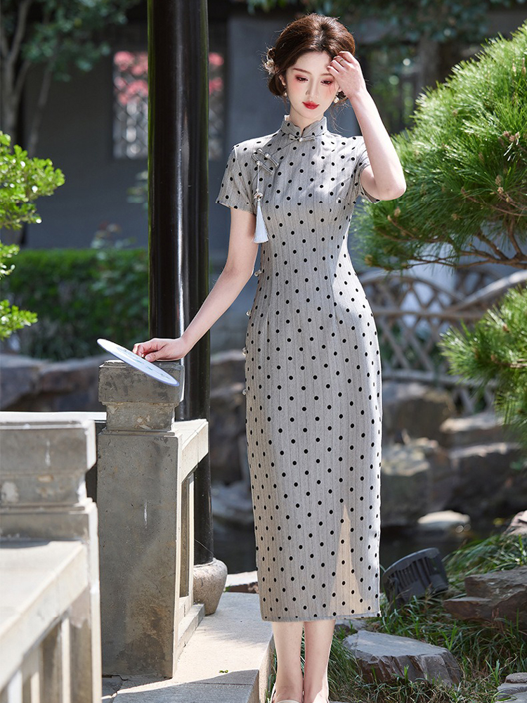 Ladies Fashion Cheongsam Summer Polka Dot Dress Long Qipao