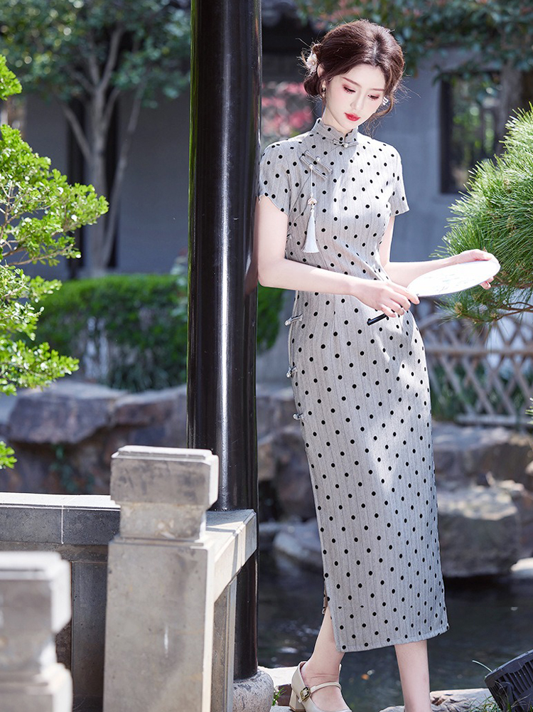 Ladies Fashion Cheongsam Summer Polka Dot Dress Long Qipao