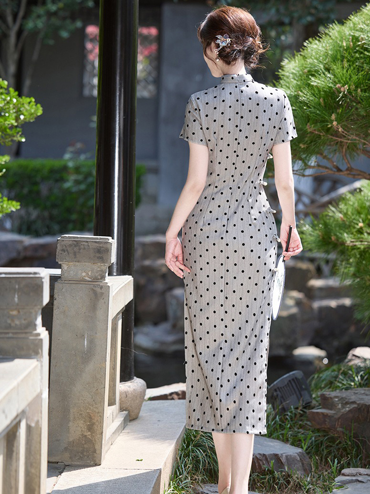 Ladies Fashion Cheongsam Summer Polka Dot Dress Long Qipao