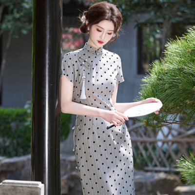 Ladies Fashion Cheongsam Summer Polka Dot Dress Long Qipao