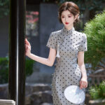 Ladies Fashion Cheongsam Summer Polka Dot Dress Long Qipao