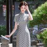 Ladies Fashion Cheongsam Summer Polka Dot Dress Long Qipao