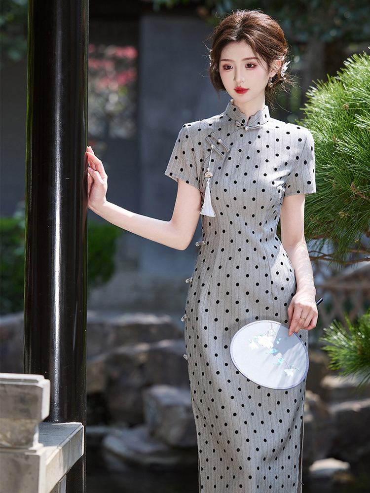 Ladies Fashion Cheongsam Summer Polka Dot Dress Long Qipao