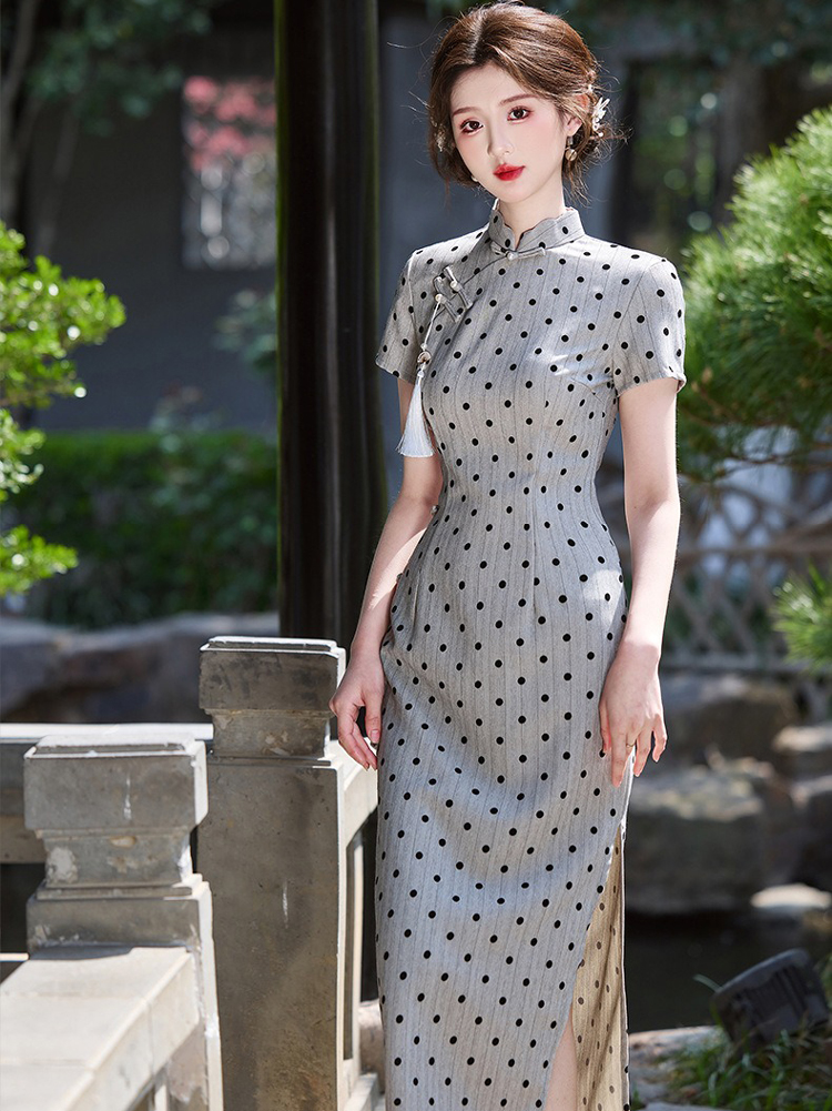 Ladies Fashion Cheongsam Summer Polka Dot Dress Long Qipao