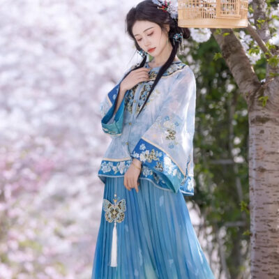 Summer Women Long Sleeve Ming Hanfu Embroidered Pleated Skirt