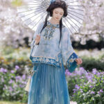 Summer Women Long Sleeve Ming Hanfu Embroidered Pleated Skirt