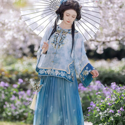 Summer Women Long Sleeve Ming Hanfu Embroidered Pleated Skirt