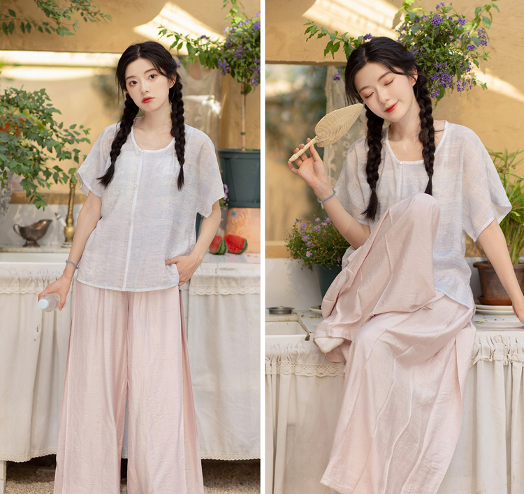 Summer Women'Simple Hanfu Song Pants Short Sleeve Han Elements