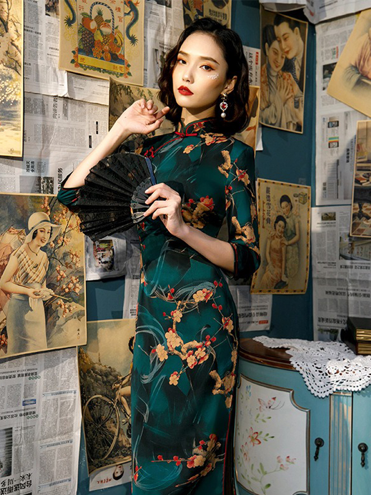 Women Retro Cheongsam Fall Half-sleeve Qipao Dresses
