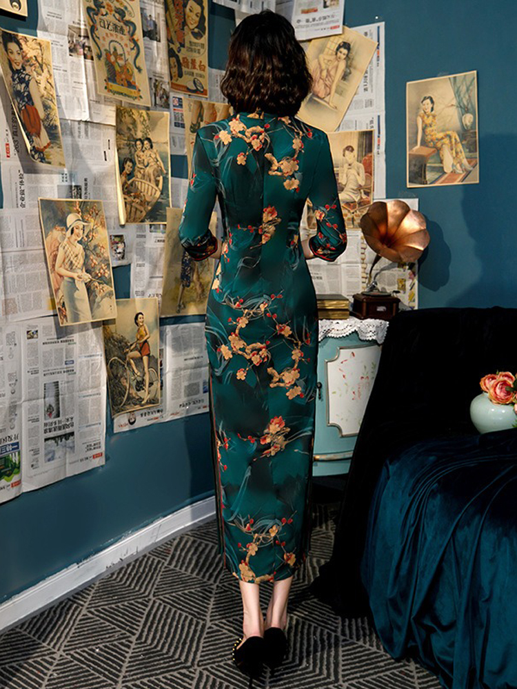 Women Retro Cheongsam Fall Half-sleeve Qipao Dresses