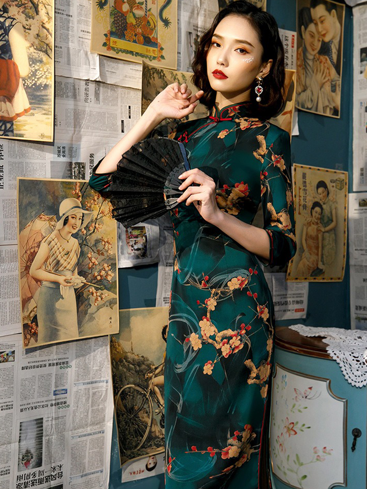 Women Retro Cheongsam Fall Half-sleeve Qipao Dresses