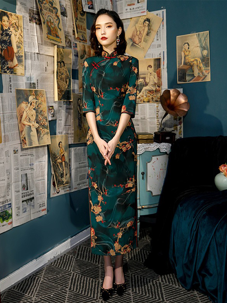 Women Retro Cheongsam Fall Half-sleeve Qipao Dresses