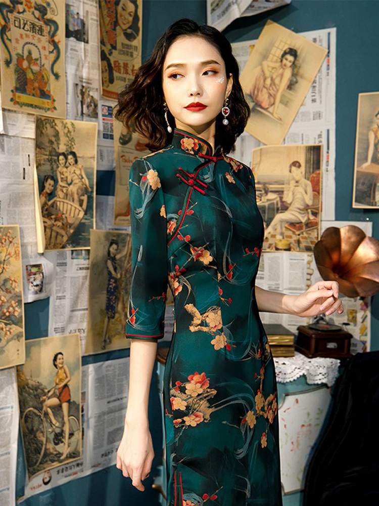 Women Retro Cheongsam Fall Half-sleeve Qipao Dresses