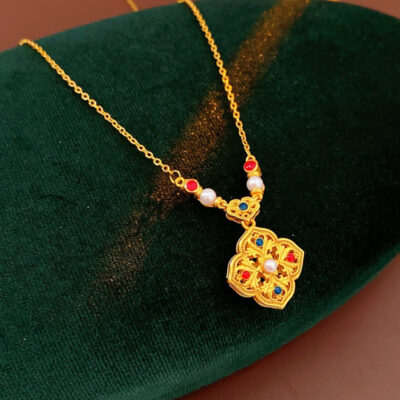 Women Retro Necklace Chinese Style Flower Pendant Pearl Jewelry