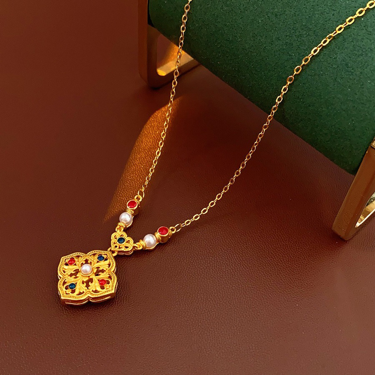 Women Retro Necklace Chinese Style Flower Pendant Pearl Jewelry
