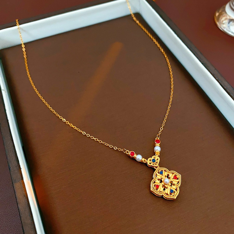 Women Retro Necklace Chinese Style Flower Pendant Pearl Jewelry