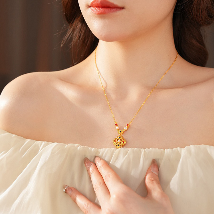 Women Retro Necklace Chinese Style Flower Pendant Pearl Jewelry
