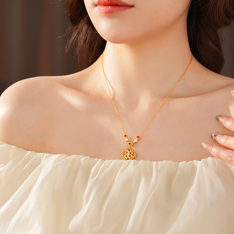 Women Retro Necklace Chinese Style Flower Pendant Pearl Jewelry