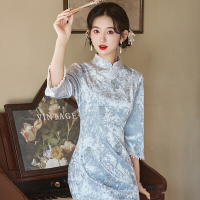 Autumn Models Classical Cheongsam Velvet Medium Sleeve Blue Slim Qipao Dresses