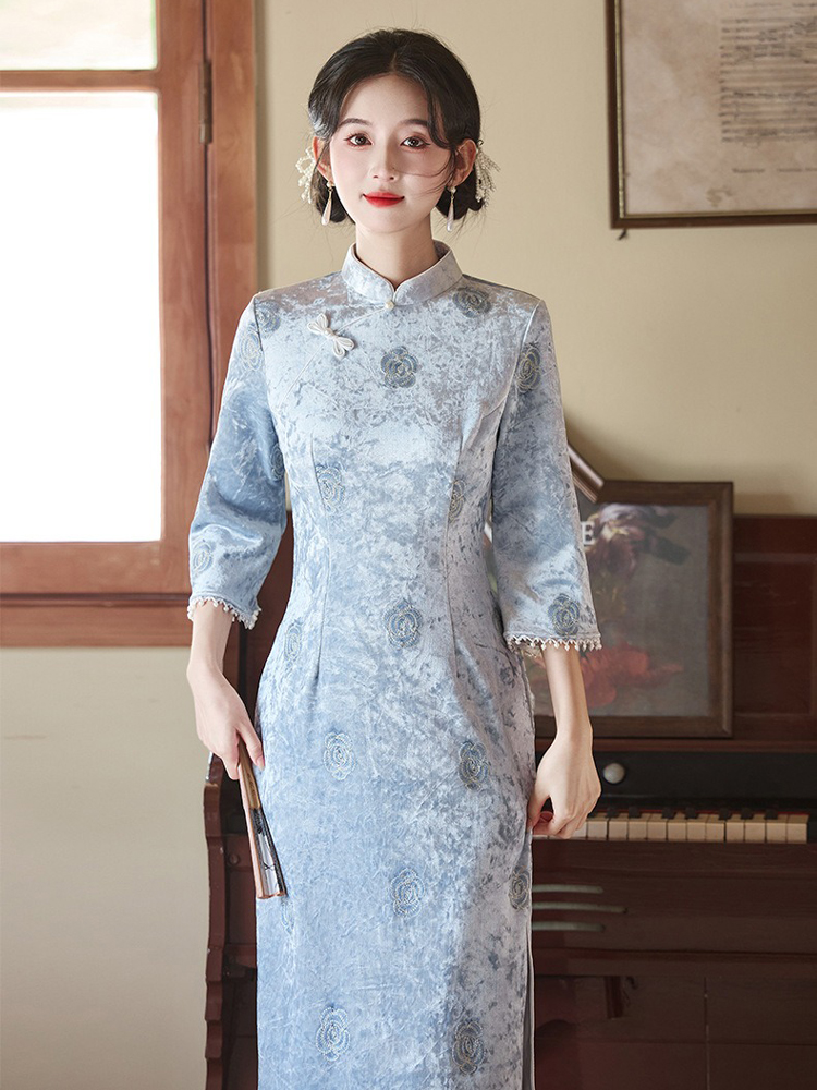 Autumn Models Classical Cheongsam Velvet Medium Sleeve Blue Slim Qipao Dresses