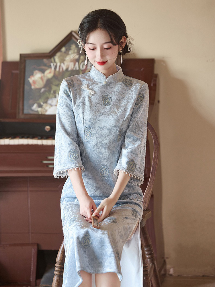 Autumn Models Classical Cheongsam Velvet Medium Sleeve Blue Slim Qipao Dresses