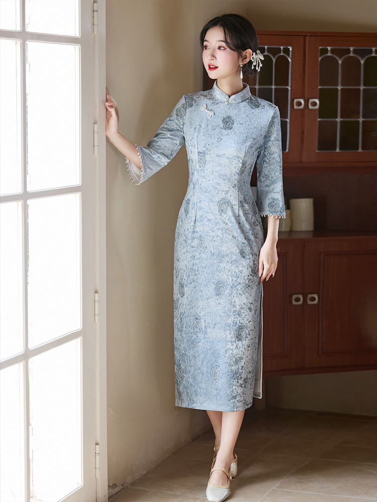 Autumn Models Classical Cheongsam Velvet Medium Sleeve Blue Slim Qipao Dresses